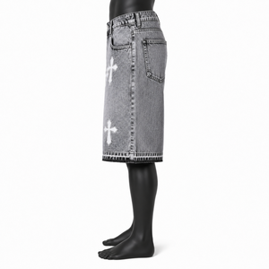 Pantalones Cortos Vaqueros Personalizados con Estampado Cruzado para Hombre, Estilo Vintage Lavado, Holgados, Streetwear, OEM ODM, Marca Privada, Venta al por Mayor - Product Image 3