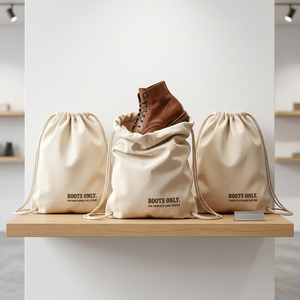 Wholesale Custom Logo Natural Cotton Canvas <b>Drawstring</b> Boot Bag Shoe Storage Pouch with Silk Screen Printed Text - Product Image 4
