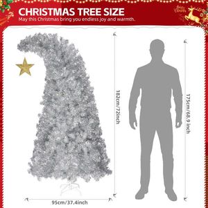 Albero di Natale Artificiale Pre-Illuminato da 1,8 m con Cima Curva e Stella Dorata, 300 Luci, 900 Punte di Rami, Telecomando, Materiale PET - Product Image 4