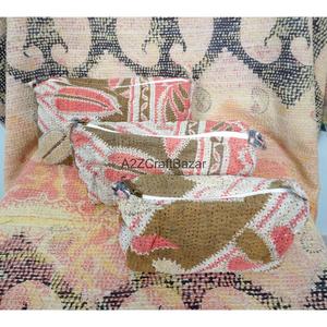 Custom Made Casual Handmade Quilted Silk Screen Printed Kantha <b>Pouch</b> Set Artisan Cotton Travel Cosmetic Organizer Mixed Colors - Product Image 4