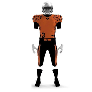 Ensemble Maillot et Pantalon de Football Américain Personnalisé pour Homme – Orange et Noir Rayé, Sublimé, Col en V, Manches Courtes, Coupe Ajustée, Anti-Transpiration - Product Image 1