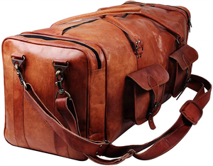 Véritable chèvre en cuir véritable sac polochon de voyage Vintage marron grand gymnase randonnée bagages avec fermeture à glissière à la main Style de mode - Product Image 2