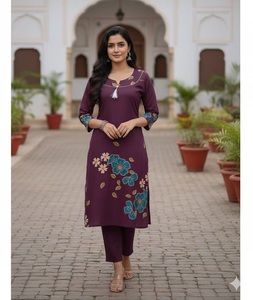 New Women Purple Poly Rayon Kurti With Floral Print Midi Length Traditional Indian Pakistani Casual Wear Regular Fit Kurtis - Product Image 1