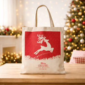 Sac de courses en jute de taille moyenne imprimé rennes de Noël |   Sac fourre-tout décoratif réutilisable et écologique |   Fermeture à glissière, transport à la main - Product Image 4