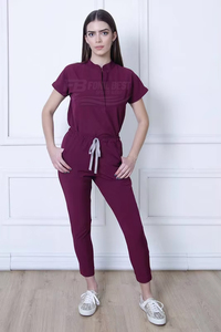 Women's <b>Maroon</b> Full-Zip Scrub <b>Top</b> With Front Pockets And Stethoscope Loop For Hospital Use Custom Design - Product Image 3