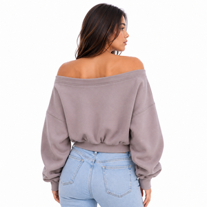 Oversized Fashion Women's Cropped Sweatshirt Off Shoulder Crossover Front Long Sleeve Cotton Fleece Mauve Gray Private <b>Label</b> OEM - Product Image 2