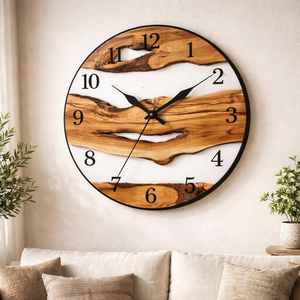 Reloj de pared contemporáneo de resina y madera de un solo lado con borde natural, diseño moderno de madera pulida, pantalla de cuarzo con agujas, para sala de estar - Product Image 1