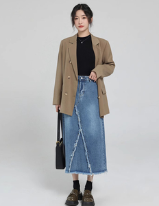 Jupe longue en jean esthétique pour femme, style décontracté, avec ceinture, coupe crayon, tricotée, couleur délavée, pour les fêtes printemps-été - Product Image 1