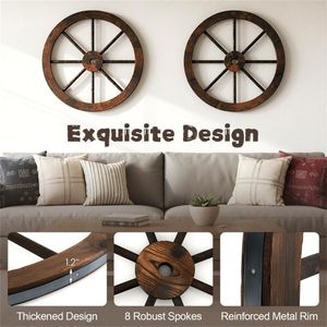 Set di 4 Ruote di Carro Rustiche in Legno di Abete Carbonizzato da 24 Pollici per Decorazione Western, con Cerchio in Metallo Rinforzato - Product Image 4