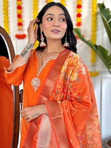 Latest Women's Orange Viscose Chanderi Embroidery <b>Kurti</b> with Chanderi Pant Chanderi Silk With Printed Dupatta Sets - Product Image 5