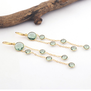 Green Amethyst Quartz Dangle <b>Earrings</b> 18k Gold Plated Bezel Set Round Cut Multi Gemstone Brass <b>Earring</b> for Women Fashion Jewelry - Product Image 4