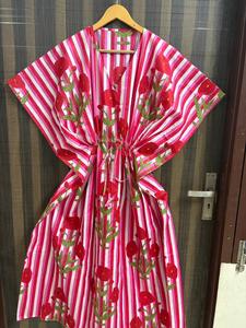 Striped Floral Eco-Friendly Washable Cotton <b>Kaftan</b> Dress for Women Printed <b>Beach</b> Cover-Up Boho Maxi Resort Wear Natural Waist - Product Image 1