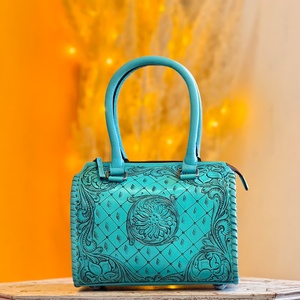 2026 New Arrival Sky Blue Hand Tooled Florals Carved Turquoise Single Stone <b>Studded</b> 100% Genuine Leather Mini Speedy Duffle <b>Bags</b> - Product Image 2