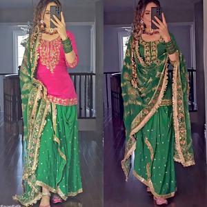 Traje de Mujer Listo para Usar, Estilo Indio Pakistaní, Georgette Salwar Kameez, Verde, Sharara, 100 Disponibles - Product Image 5