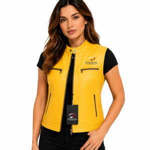 Chaleco de cuero sin mangas para mujer con forma elegante, superficie lisa, botones resistentes y ajuste cómodo para actividades casuales al aire libre. - Product Image 1