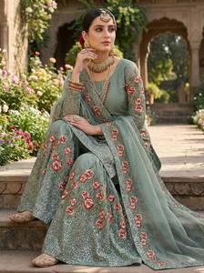 Conjunto indio-pakistaní verde con bordado floral, blusa, pantalón y dupatta de red, salwar kameez para mujer, ideal para bodas y fiestas. - Product Image 3