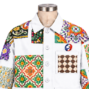 Chaqueta Blanca con Diseño de Mosaico, Estampado Floral Artístico, Estilo Casual con Botones, Manga Larga, Ropa de Calle, Moda, Venta al Por Mayor - Product Image 3
