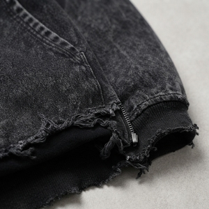 Blouson à capuche zippé en jean noir délavé pour homme, style streetwear oversize, sweat-shirt molletonné effet usé, vêtements personnalisés en gros - Product Image 6