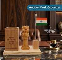 Organisateur de bureau en bois de qualité supérieure avec drapeau indien et pilier Ashoka |   Accessoire de bureau, organisateur de bureau en bois avec Ashoka