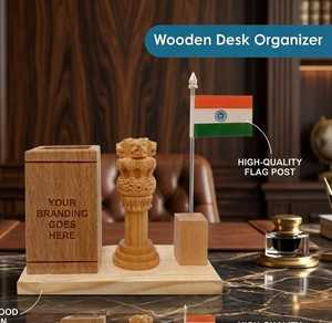 Premium <b>Wooden</b> <b>Desk</b> Organizer with Indian Flag & Ashoka Pillar | Office Table Accessory <b>Wooden</b> Office <b>Desk</b> <b>Organiser</b> with Ashoka - Product Image 1