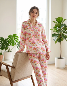 Pink Mushroom Print Cotton Pajama Set for Women Soft Breathable Flock Print Summer Sleepwear Long Sleeve Button-Down <b>PJs</b> - Product Image 1