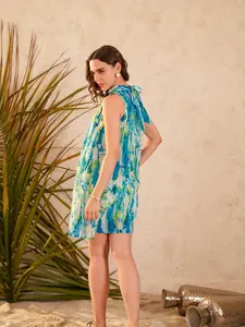 Mejor Oferta: Vestido Mini Azul con Estampado Abstracto, Estilo A-line, para Viajes y Uso Diario, Disponible a Precio de Mayoreo - Product Image 3