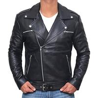 Blouson moto en cuir véritable noir pour homme avec fermeture éclair et ceinture, coupe ajustée, style motard, pour l'automne