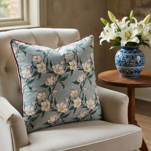 Floral Printed Piping <b>Cushion</b> Cover 50x50 cms Square Throw Pillow Cover Cotton Linen Washable Classic Decorative <b>Cushion</b> At Sale - Product Image 5