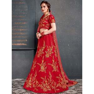 <b>Red</b> Embroidered Slub Silk Bridal <b>Lehenga</b> Choli Set for Women - Product Image 5