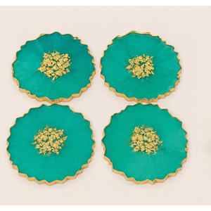Ensemble de sous-verres en résine époxy vert émeraude personnalisés en gros, sous-verres de luxe en agate avec feuille d'or, bord floral fait main, style géode pour table - Product Image 5