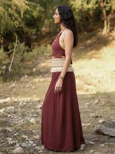Jupe longue bohème avec détail de franges à la taille, fente longue marron rouille, ceinture tissée tribale, jupe portefeuille bohème pour femme, idéale pour les festivals - Product Image 2