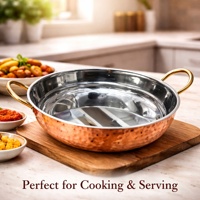 Kadai en cuivre martelé et acier inoxydable avec poignées en laiton – Plat de service indien haut de gamme pour restaurant, hôtel, buffet, traiteur, cuisine