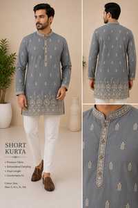 Kurta Marrón para Hombre con Detalles Bordados, Cuello Mandarín, 100% Algodón, Ropa Formal de Otoño - Product Image 2