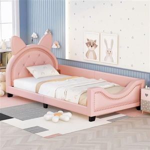 Pink Twin Size Upholstered Daybed with Carton Ears Shaped Headboard for Kids' Bedrooms - Product Image 2