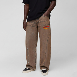 Hot Selling Custom Made Plus Size Hip Hop <b>Embroidered</b> Logo Streetwear Breathable Distressed Baggy Straight Denim Pants Men's Use - Product Image 1