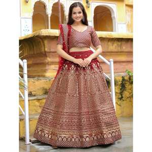 ชุดสตรี Lehenga Choli ผ้าไหมดิบปักเลื่อมสีน้ำตาลเข้มที่สวยงามสำหรับเจ้าสาว - Product Image 2