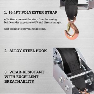 Manivela de Mano para Remolque de Barco con Gancho de Alta Resistencia, Correa de Poliéster de 16.4 Pies, Operación Manual con Trinquete para ATV UTV - Product Image 4