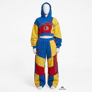 Womens Color Block <b>Crop</b> <b>Top</b> Hoodie Tracksuit Sets Blue <b>Yellow</b> Red Patchwork Wide Leg Pants Custom Streetwear Outfit - Product Image 3