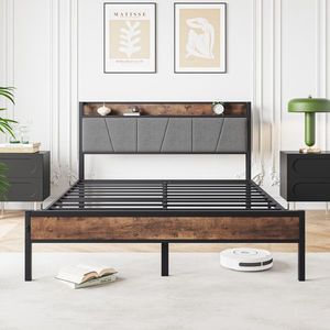 Struttura letto matrimoniale in metallo con testiera contenitore e stazione di ricarica, solida e stabile, silenziosa, non richiede rete a molle, facile da montare - Product Image 3