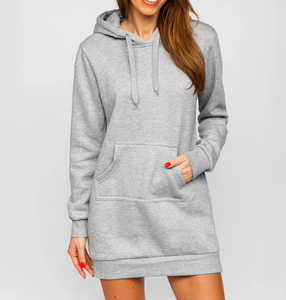Vestido Sudadera con Capucha para Mujer, Color Gris Sólido, Manga Larga, con Bolsillos, Transpirable, Informal, para Otoño, Corte Regular, 100% Algodón Tejido - Product Image 1