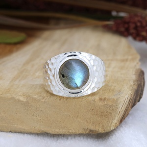 Natural Labradorite Hammered Band <b>Ring</b> 925 Sterling Silver Handmade Bezel <b>Set</b> Round Gemstone <b>Ring</b> for <b>Men</b> & Women - Product Image 6