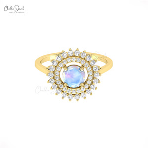 Double Halo <b>Ring</b> 6mm Prong Set Moonstone & Diamond <b>Cocktail</b> <b>Ring</b> In 14k Solid <b>Gold</b> June Birthstone Jewelry For Women - Product Image 1