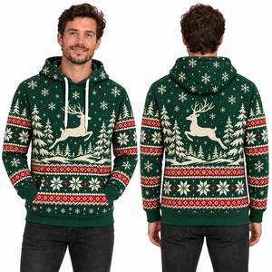Men's Green Christmas Reindeer Print Hooded Sweatshirt Knitted Polyester Casual Winter Hoodie with Pocket Design Regular Fit - Product Image 1