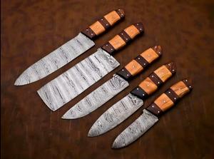 Couteaux de chef Damas faits main de haute qualité, 5 pièces, avec manche personnalisé et étui en cuir, pour usages multiples et respectueux de l'environnement - Product Image 4