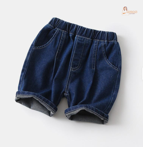 Shorts en jean pour garçons, couleur unie, taille mi-haute, bande élastique, style décontracté avec poches, tissu en coton tissé - Product Image 1