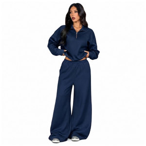 Women's 2 Piece Winter Tracksuit <b>Set</b> Full Sleeve Zipper Top Wide Leg Pants Solid Color Fleece Anti-UV Casual Wear Loose Fit - Product Image 5