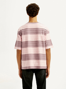 Camiseta de Algodón a Rayas para Hombre, Manga Corta, Cuello Redondo, Corte Regular Informal, Tejido de Punto Transpirable, Rosa Morado - Product Image 6