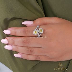 18K White Gold Toi et Moi Engagement <b>Ring</b> Fancy Yellow and White Cushion Cut Diamond Luxury Crossover Statement Band - Product Image 5