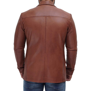 Men’s Brown <b>Leather</b> <b>Blazer</b> Slim Fit Single Breasted Notched Collar Casual Formal <b>Jacket</b> - Product Image 3