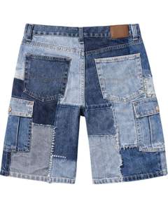 Shorts en jean patchwork bleu personnalisés pour hommes, style cargo, design multi-panneaux, tenue décontractée d'été, fermeture boutonnée - Product Image 2